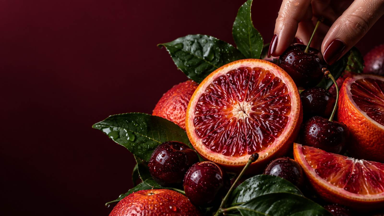 Close study of a blood orange and its vivid interior